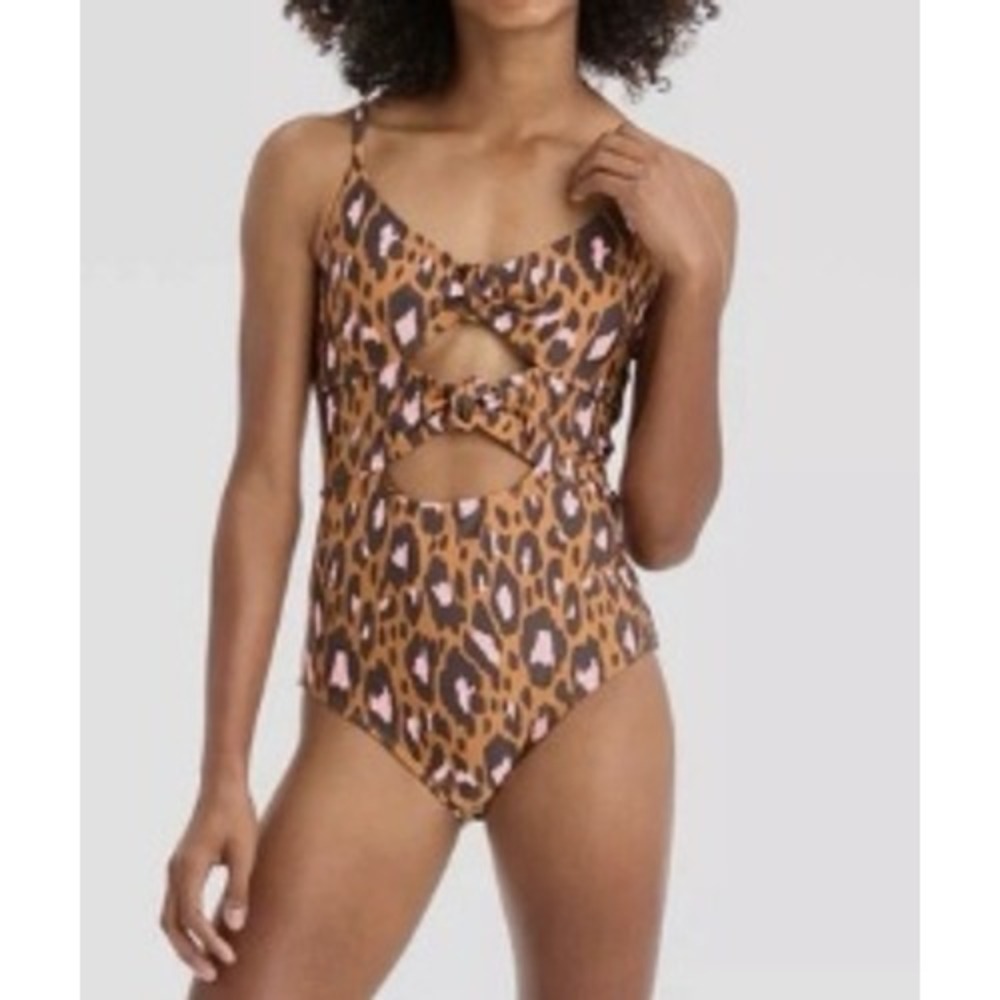 Art Class Girls Leopard Print One Piece Swimsuit Cutout Tie Brown Pink L 10/12